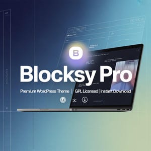 May include: A laptop screen showing "Blocksy Pro" in white text, with the words "Premium WordPress Theme | GPL Licensed | Instant Download." The background is a blue and green gradient. A glowing "B" logo is visible.