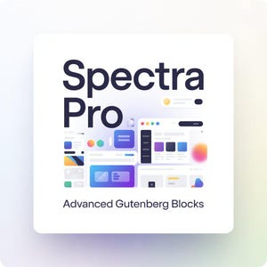 Peut inclure: Un visuel numérique avec le texte "Spectra Pro" en lettres bleues foncées et grasses. En dessous, une illustration d'éléments de conception de sites web de différentes couleurs. Le texte "Advanced Gutenberg Blocks" est en bas.