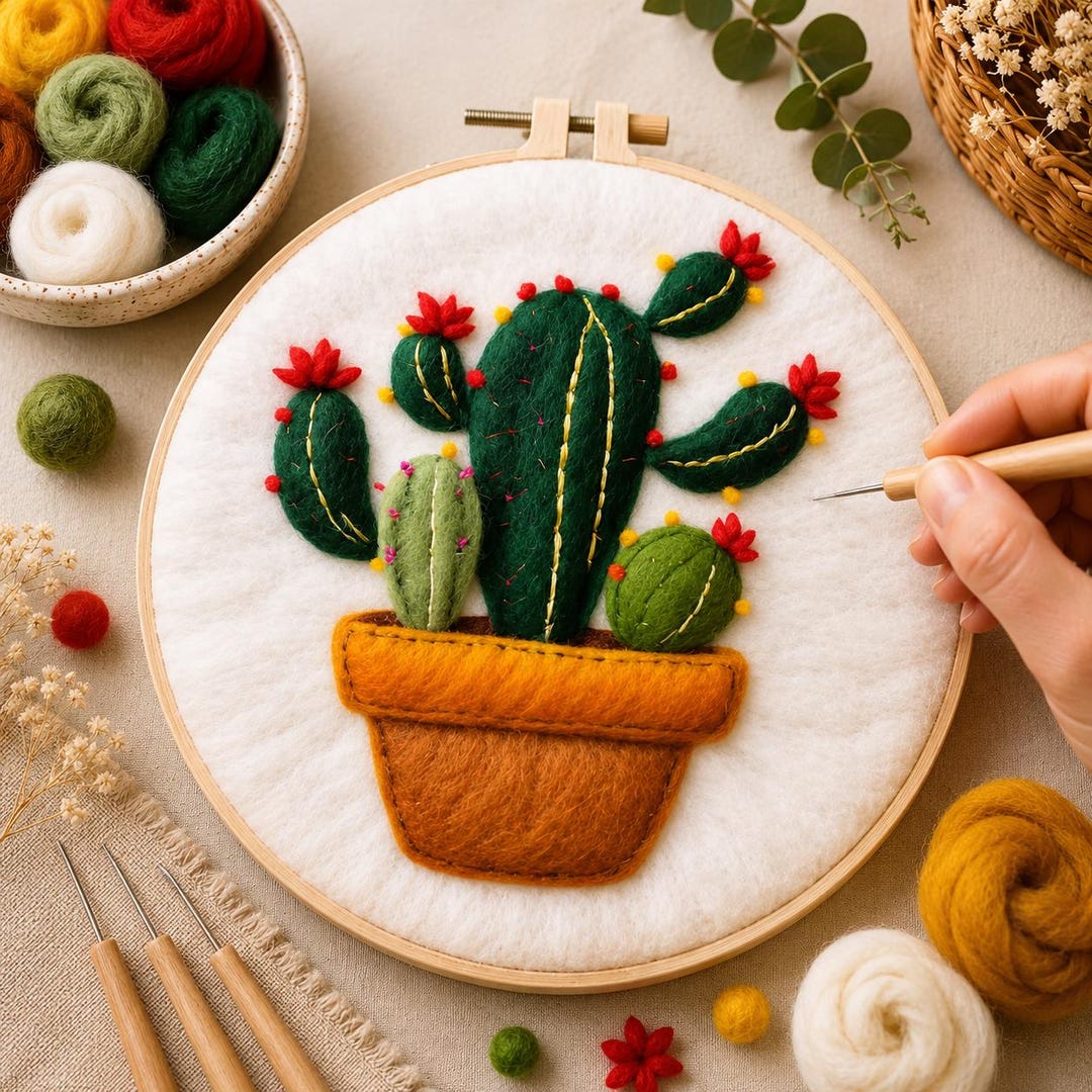 Blooming Cactus Needle Felting Kit – Wool Painting Craft Set (beginner ...