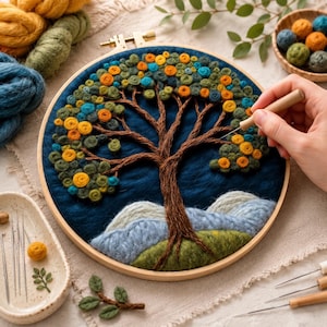 May include: A circular wooden embroidery hoop containing a needle-felted landscape featuring a brown tree with textured branches against a dark blue background. The tree canopy is filled with small, round, orange, yellow, and teal wool balls.
