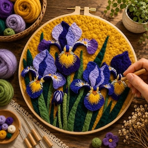 May include: A close-up of a felt iris flower embroidery on a yellow background, set in a wooden hoop. The irises are purple and blue with yellow centers and green leaves. Craft supplies, including yarn and needles, are visible.