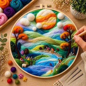 May include: A colorful felted landscape scene in a wooden embroidery hoop. The artwork depicts a vibrant sunset, rolling hills, trees with orange foliage, and a small village. Additional felted wool balls and embroidery needles are visible.