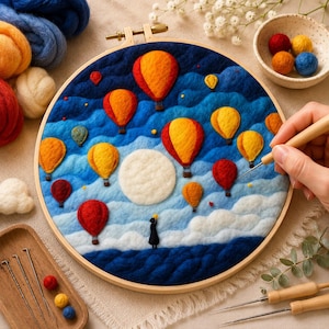 Needle Felting Kit – Hot Air Balloon Dreamscape Wool Painting Craft Set