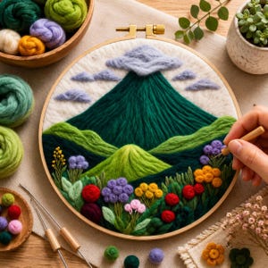 May include: A handcrafted embroidery hoop featuring a mountain landscape with green, blue, and colorful floral details. The artwork is made with wool and includes a wooden embroidery hoop. Various wool colors and tools are nearby.