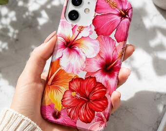 Custodia resistente per telefono con motivo floreale di ibisco rosa, cover per iPhone con fiori tropicali, compatibile con iPhone 17, 16, 15, 14, 13, 12, 11 Pro Max.