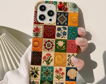 Tufft mobilskal med vintage-motiv och mosaik | Blommigt solsnäcksmönster, mosaiktelefonskal, boho retro y2k 90-tals hippie iPhone