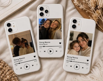 Cover personalizzata per telefono con musica, lettore musicale, cover con titolo del brano e foto, compatibile con iPhone 17 Pro Max, 16e, 15, 14, 13 e Samsung S26 Ultra.