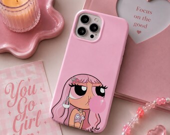 Cover per iPhone rosa con ragazza dei cartoni animati, graziosa cover per telefono con gomma da masticare, cover estetica rosa femminile, cover per telefono con cartoni animati Y2K, cover per iPhone civettuola