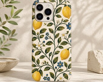 Cover per telefono con mosaico di limoni mediterranei, cover botanica con piastrelle italiane per iPhone, cover floreale blu con agrumi per Samsung, cover estetica costiera