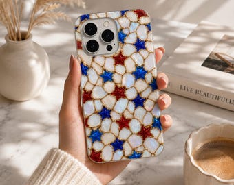 Cover per telefono USA con stelle rosse, bianche e blu, effetto vetro colorato, cover patriottica per il 4 luglio, cover estiva per telefono