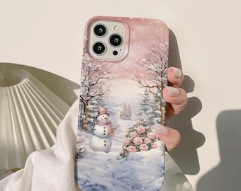 Custodia per telefono rosa Winter Wonderland, custodia natalizia con pupazzo di neve