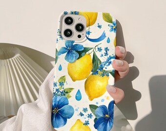 Cover per telefono con motivo floreale al limone: colori vivaci, resistente agli urti, protezione dai raggi UV.