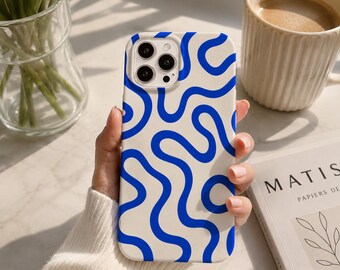 Custodia per iPhone con motivo astratto a onde blu, lucida, sottile e artistica, per una protezione ottimale del telefono.
