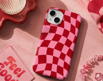 Custodia per telefono a scacchi rossi e rosa, cover per telefono con motivo a scacchiera ondulata, graziosa custodia rosa estetica, custodia per telefono retrò femminile, custodia con motivo a scacchi Y2K