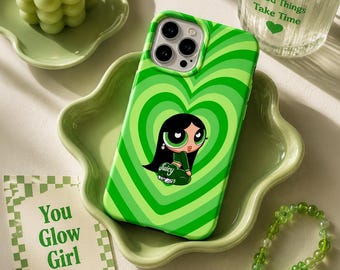 Cover per telefono con cuore verde, cover per telefono con cartone animato Y2K, graziosa cover estetica verde, cover per telefono retrò femminile, cover con motivo a cuore di tendenza