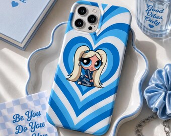 Cover per telefono con cuore blu in stile Y2K, cover retrò femminile per iPhone, motivo a cuori sovrapposti