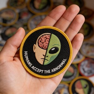 Alien Brain Split Face Embroidered Patch | Humans Accept Abnormal Iron On Badge | UFO Conspiracy Morale Patch | Sci-Fi Jacket Accessory