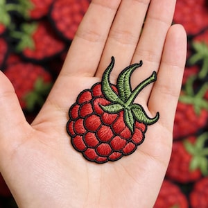 May include: A red raspberry patch with green leaves and a black outline is held in a hand. The embroidered patch features a detailed design of the fruit, perfect for adding to clothing or accessories.