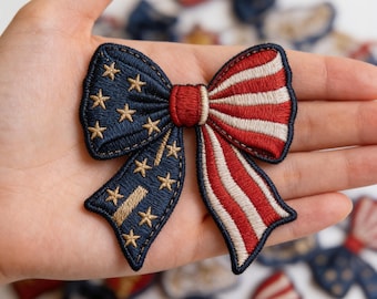 Patriotic American Flag Bow Embroidered Iron On Patch | USA Stars Stripes Applique | Vintage Americana Sew On Badge | DIY Jacket Decor
