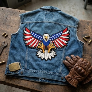 Screaming American Flag Eagle Patch, Symmetrical Embroidered Iron On Badge, Attacking Bald Eagle Biker Vest Jacket Large Back Patch