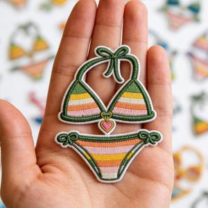 Rainbow Bikini Embroidered Patch Iron On Sew Applique Summer Beach Swimsuit Fashion DIY Clothing Jacket Bag Decoration Cute Retro Stripe