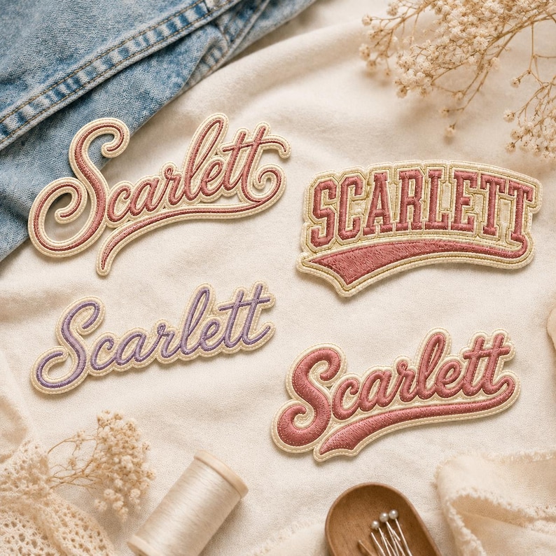 May include: Four embroidered patches featuring the name Scarlett in various fonts and colors. Two patches use a cursive script in dusty rose and purple, one uses a bold block letter style in dusty rose, and one uses a cursive script in dusty rose.