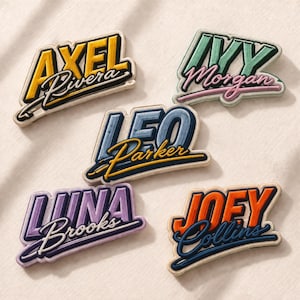 May include: Five embroidered name patches in various colors. Names include Axel Rivera, Ivy Morgan, Leo Parker, Luna Brooks, and Joey Collins. Each patch features a unique font and color scheme, with a cream-colored border.