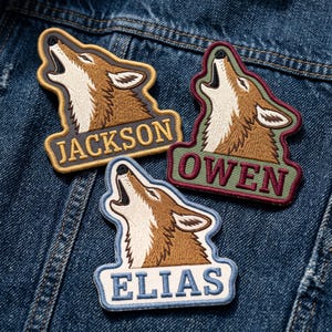 Custom Howling Wolf Name Patch Iron On | Personalized Coyote Embroidered Tag | Spooky Wild Animal Badge for Jacket Backpack