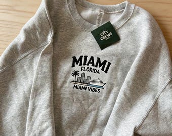 Miami Florida Embroidered Sweatshirt, Miami Vibes Crewneck, Beach City Skyline Pullover, Tropical Vacation Gift