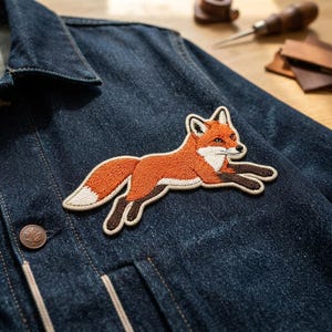 May include: A dark blue denim jacket featuring an embroidered patch of a leaping fox. The fox is orange with a white chest and tail tip, and dark brown legs. The jacket has a single visible brown button with a leaf emblem on the front pocket area.