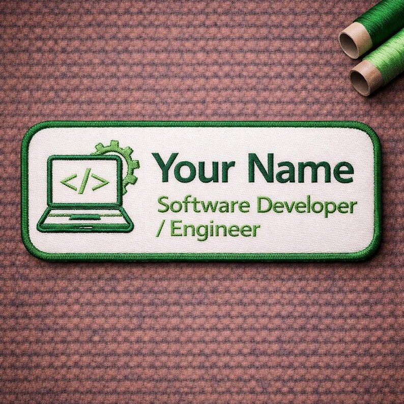 May include: Embroidered name badge with a white background and green border. The badge features the text "Your Name" and "Software Developer / Engineer" in green. A green laptop icon and gear are on the left side. Two spools of green thread are in the upper right corner.