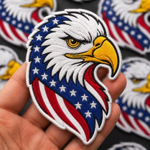 May include: An embroidered patch featuring the head of a bald eagle with white feathers, a yellow beak, and a piercing eye. The design incorporates a blue section with white stars and red and white stripes, mimicking the American flag pattern.
