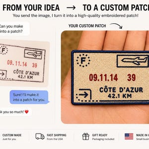 May include: Embroidered patch featuring a design inspired by a Côte d'Azur travel stamp. The patch includes the date 09.11.14, the number 39, and the text "CÔTE D'AZUR 42.1 KM". The patch has a beige background with a navy blue border.