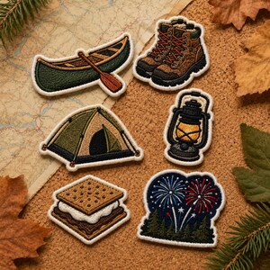 May include: A collection of six embroidered patches featuring a green canoe with a paddle, brown hiking boots, a green tent, a black lantern with a yellow light, a s'more, and a night scene with fireworks over a forest of pine trees.