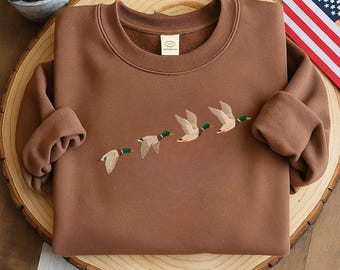 Embroidered Mallard Duck Sweatshirt, Flying Ducks Nature Crewneck, Hunter Gift, Aesthetic Brown Wildlife Pullover