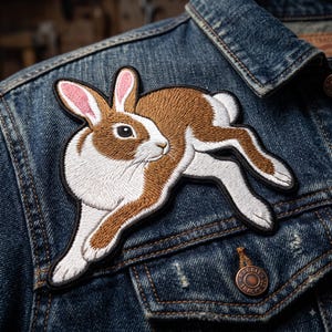 May include: An embroidered patch of a brown and white rabbit in a leaping pose, featuring detailed stitching and a black border, attached to a blue denim jacket with a copper-colored button embossed with the text Rabbit Tracks Co.