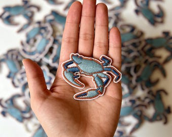 Blue Crab Embroidered Patch | Ocean Animal Iron On Applique | Coastal Sew On Badge | Marine Life Embroidery | Nautical Jacket Patch
