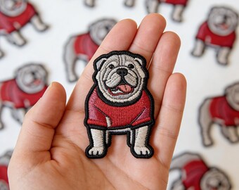 Cute Bulldog in Red Sweater Embroidered Iron On Patch | Dog Lover Gift | Animal Applique Badge