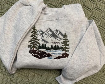 Embroidered Mountain Landscape Sweatshirt, Nature Forest Crewneck, Cozy Outdoor Gift