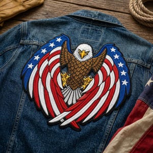 May include: A large embroidered patch featuring a bald eagle with brown feathers and a white head, centered over wings designed with red, white, and blue stripes and white stars. The patch is attached to the back of a blue denim jacket.