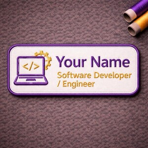 May include: Embroidered patch with a purple border and white background. The patch features a purple laptop icon with code symbols, a gold gear, and the text "Your Name" in purple, and "Software Developer / Engineer" in gold.