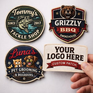 May include: Four embroidered patches with various designs. One features a fish and the text "Tommy's Tackle Shop". Another displays a bear and "Grizzly BBQ Smokehouse". A third shows a cat and dog with "Luna's Pet Grooming & Boarding". The last one says "Your Logo Here".