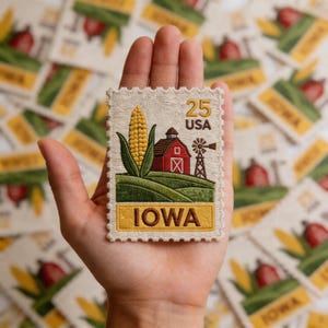 May include: A rectangular patch with a cream-colored background, featuring a corn stalk, a red barn, and a windmill. The patch reads "IOWA" in gold letters and "25 USA" in black. The patch is held in a hand.
