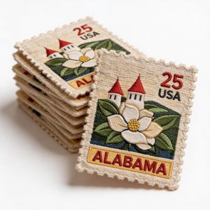 May include: Embroidered patches in the shape of a postage stamp, featuring a magnolia flower, two red-roofed buildings, and the word "ALABAMA". The patches are beige with green, yellow, and red accents, and the text "25 USA".