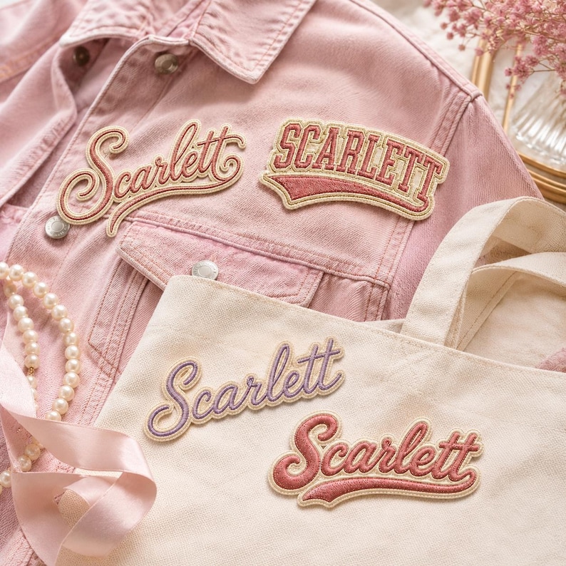 May include: A light pink denim jacket and a cream canvas tote bag featuring embroidered patches. The patches display the name Scarlett in various script and block fonts, colored in shades of pink, red, and purple with cream-colored borders.
