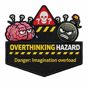 May include: Black patch with the words "OVERTHINKING HAZARD" in yellow and white. The patch features a red brain, a skull warning sign, and a bomb with a lit fuse. The text "Danger: Imagination overload" is also included.