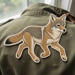 May include: An embroidered patch featuring a coyote in profile, rendered in shades of brown, gray, and cream, with a black-tipped tail. The patch is attached to the back of an olive green jacket, showcasing detailed stitching and a defined border.