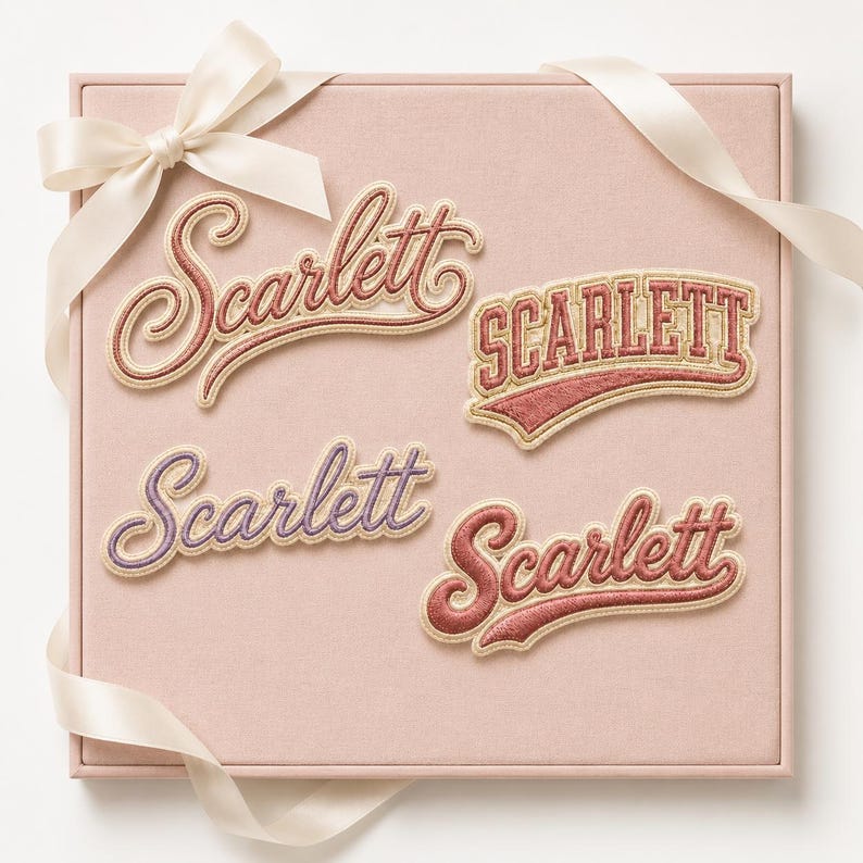 May include: A square pink gift box tied with a cream satin ribbon, featuring four embroidered patches. Three patches display the name Scarlett in cursive script with pink or purple thread, and one patch displays Scarlett in block letters.