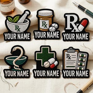 Custom Pharmacist Embroidered Patch, Personalized Rx Pharmacy Tech Name Badge, Medical Scrub Lab Coat Uniform Accessory