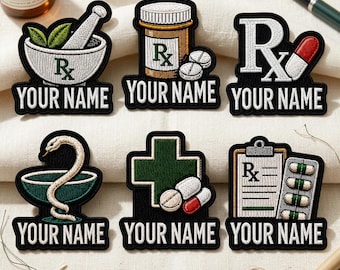 Custom Pharmacist Embroidered Patch, Personalized Rx Pharmacy Tech Name Badge, Medical Scrub Lab Coat Uniform Accessory